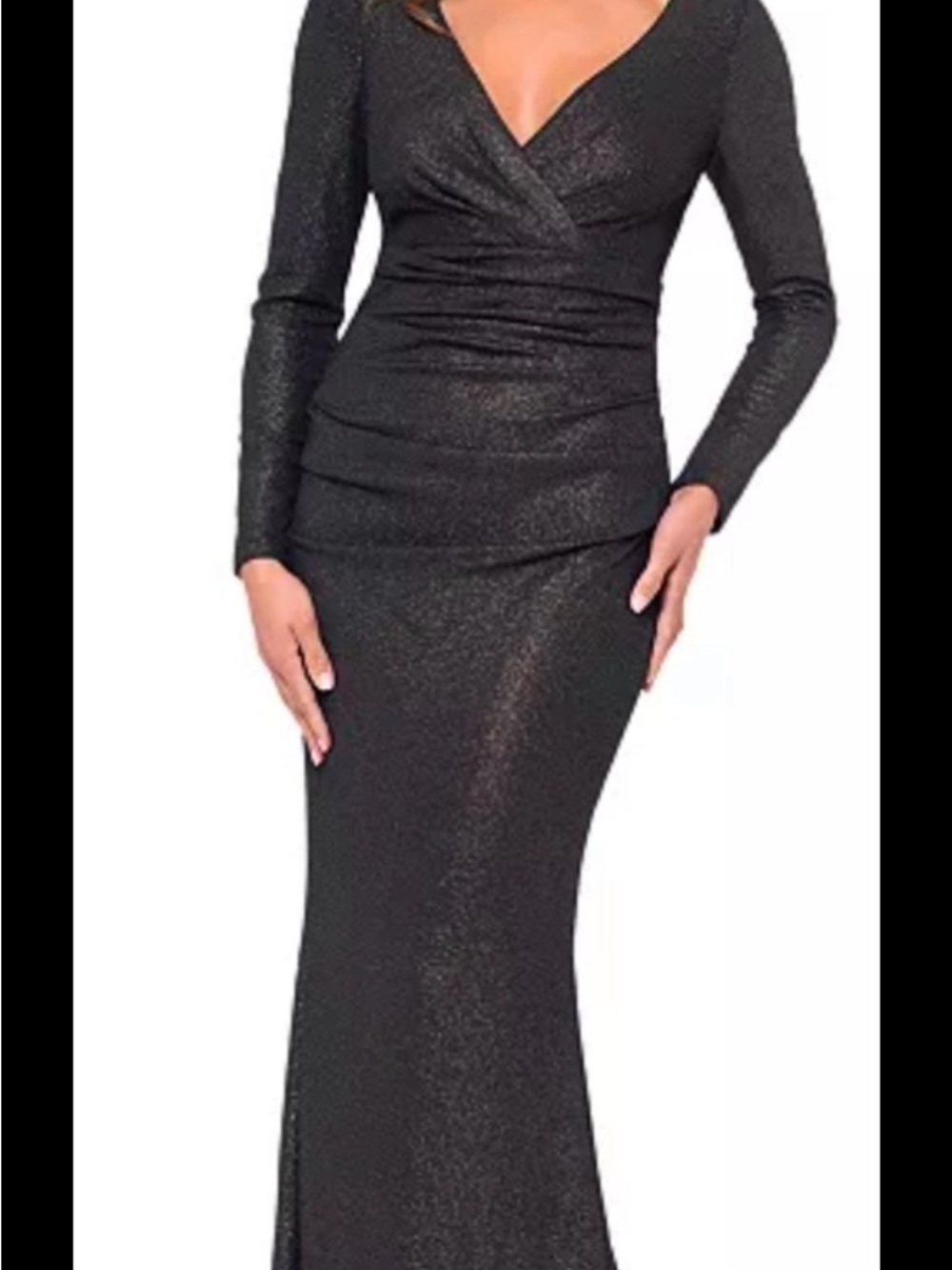 Xscape Black Long-Sleeve Glitter Wrap-Front Gown